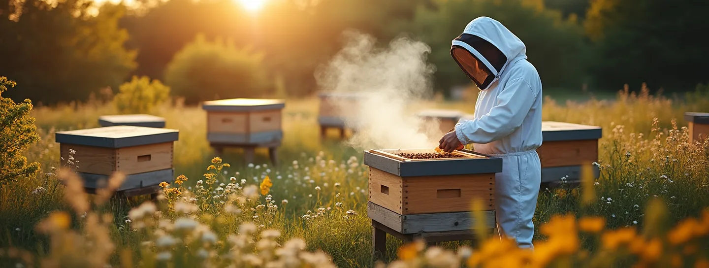 Imker in Schutzanzug arbeitet mit einem Smoker an einer offenen Bienenbeute im Abendlicht