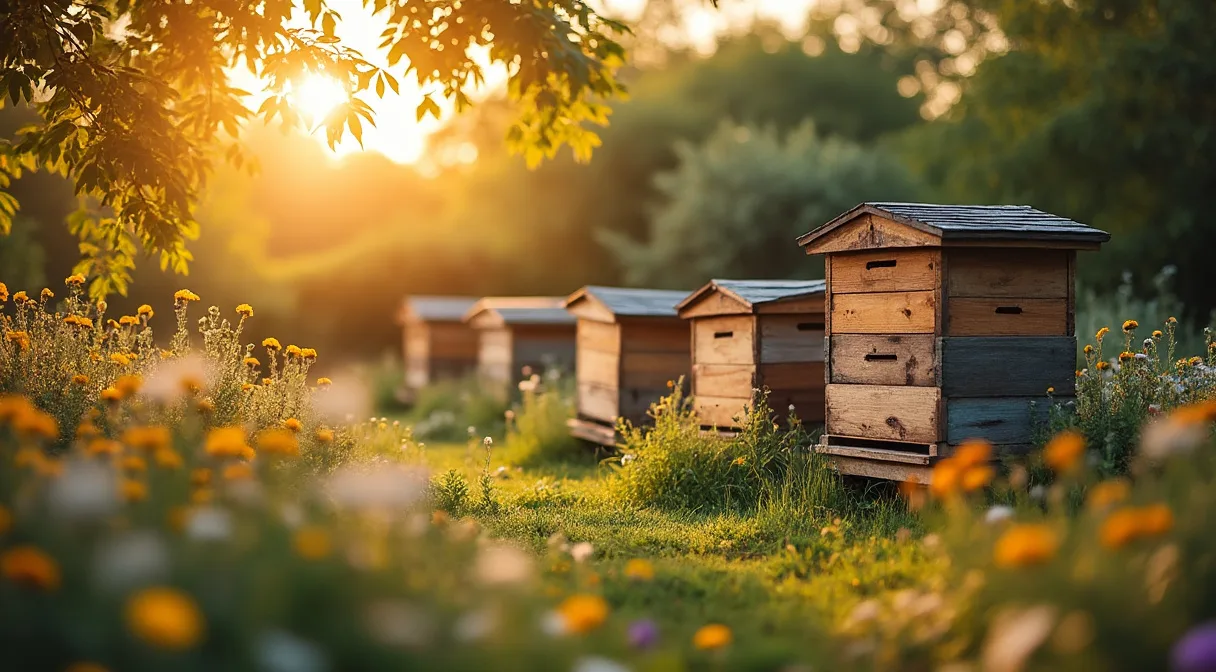 Kleiner Hausgarten-Bienenstand mit mehreren Holzbeuten im goldenen Abendlicht